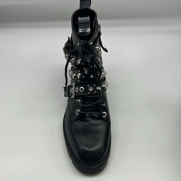 Zara - Black Leather Bejeweled Criss Cross Lace Up Biker Ankle Boot Size 6 - Picture 3 of 14